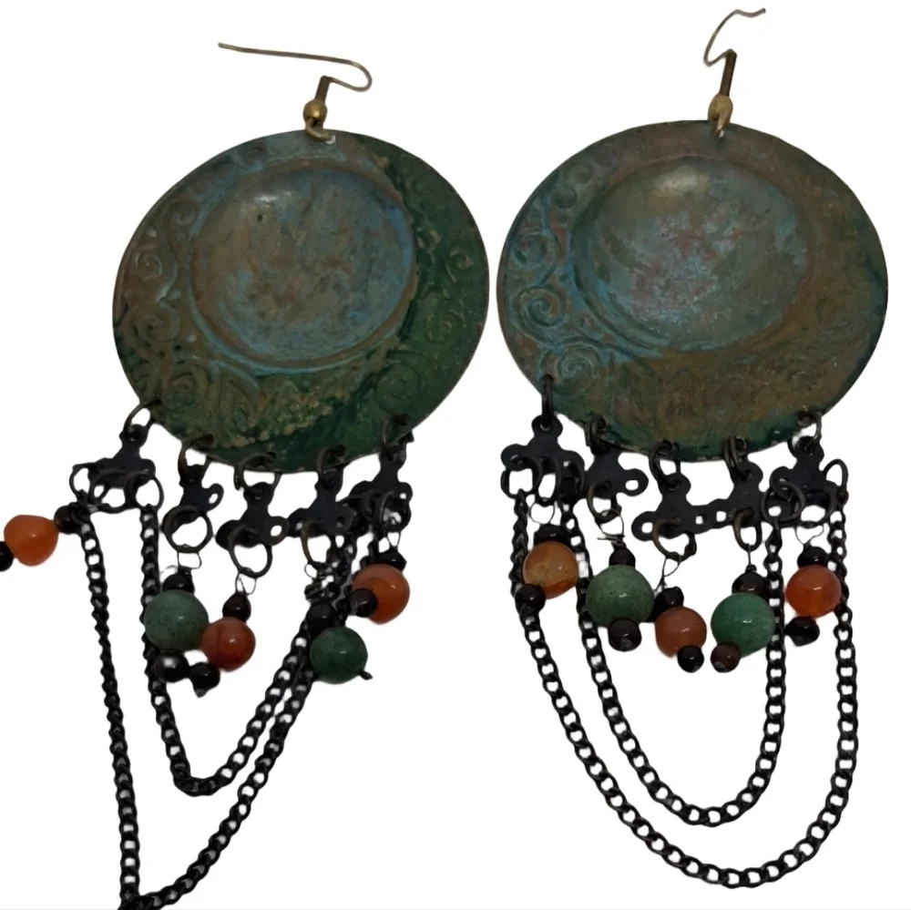 Vintage Verdigris Copper & Gemstone Statement Earrings - Carnelian Aventurine